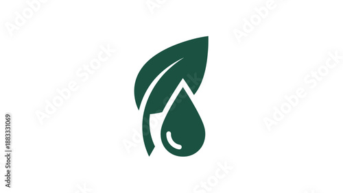 Green leaf and water droplet icon on a white background, minimal design