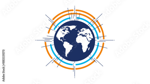 Earth globe in a vector design with circles and lines, in blue, orange, and white