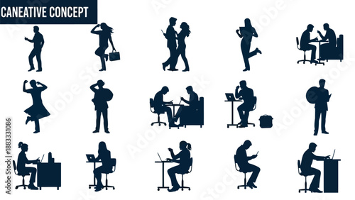 Collection of business people working in various poses and settings in silhouette style isolated on white background
