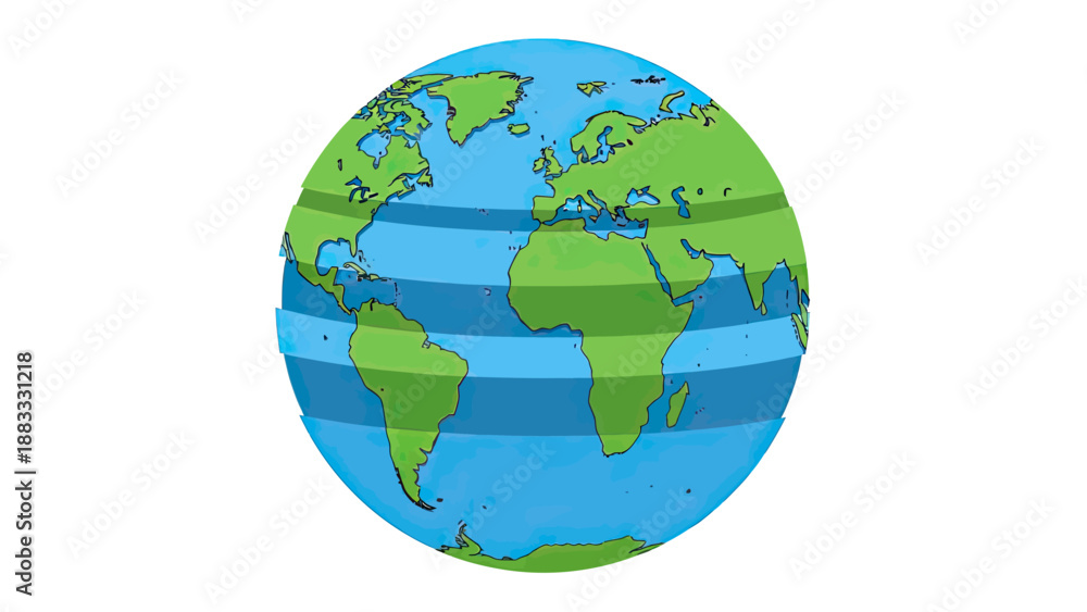 Naklejka premium Cartoon illustration of Earth showing continents in green, oceans in blue, with sliced, layered bands