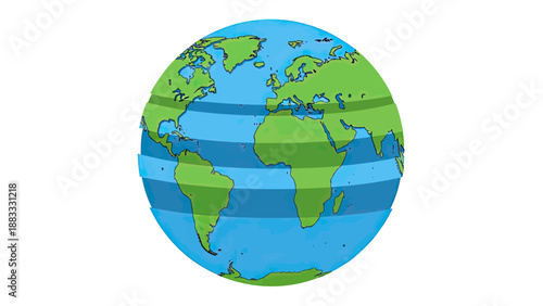 Cartoon illustration of Earth showing continents in green, oceans in blue, with sliced, layered bands
