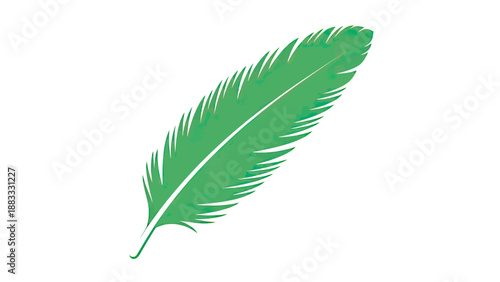 A vibrant, green feather against a white background, suggesting nature and lightness
