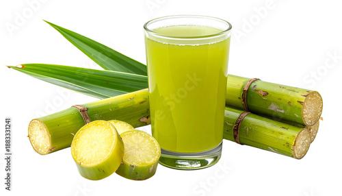 A glass of fresh sugarcane juice with raw sugar cane stalks, slices, and green leaves. Healthy, natural, tropical beverage concept, isolated on a transparent background for easy composition.