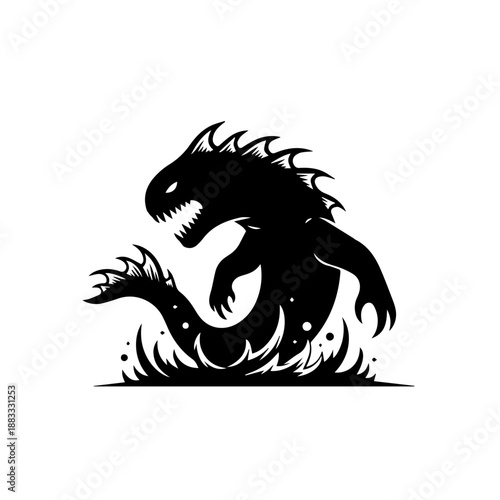 A striking black silhouette of a fierce, spiky sea monster or mythical beast emerging from the water, depicted in a bold, minimalist style.