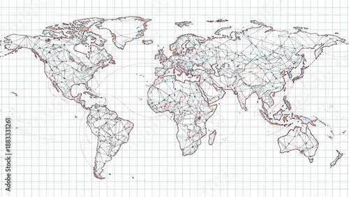 Abstract world map with connected lines and a grid. Shows landmasses and networks