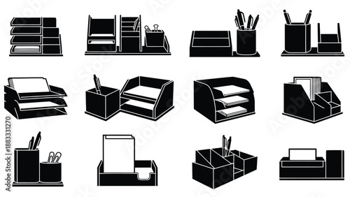 Collection of black office desk organizer silhouettes in various designs and shapes isolated on white background