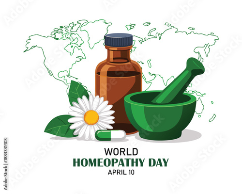 World Homeopathy Day poster vector illustration. Brown glass vial, plants, laboratory mortar and pestle icon vector. Alternative medicine symbol. April 10 every year. Important day