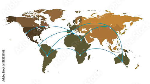 A world map displaying global connections with arched lines between various locations