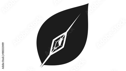 A black leaf silhouette on a white background, featuring a stylized gemstone design