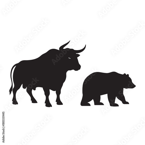 Black silhouette of a bull and a bear standing side by side facing left