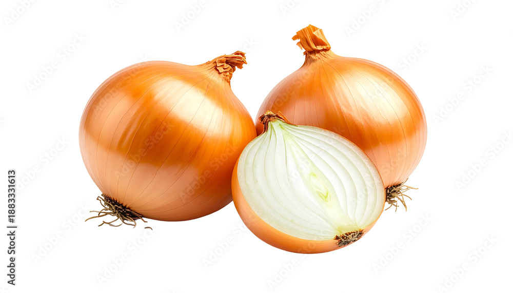 custom made wallpaper toronto digitalTwo whole fresh raw golden onions and one sliced half onion, a common vegetable and cooking ingredient for culinary purposes, shown in a close-up studio shot isolated on a transparent background.