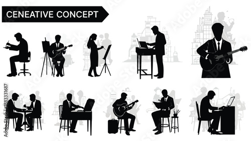 Silhouette of musicians playing various instruments in creative concept with city background isolated on white background