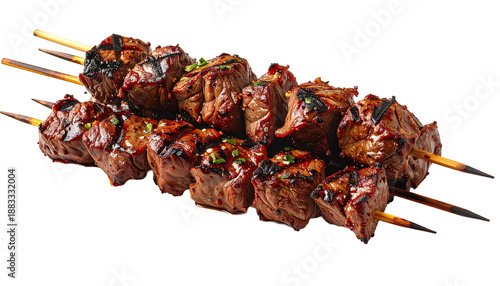 Wallpaper Mural Juicy grilled beef skewers, marinated shish kebabs on wooden sticks. Barbecued meat cubes garnished with herbs, a delicious appetizer or main course, isolated with a transparent background. Torontodigital.ca