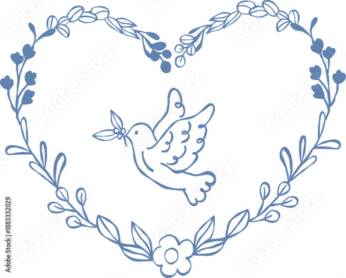 Friedenstaube mit Kranz. Symbole für Taufe und Erstkommunion,der Glaube an Gott, Christen, Einladung zur Konfirmation, Firmunf, Taufe, Heirat, vektor.