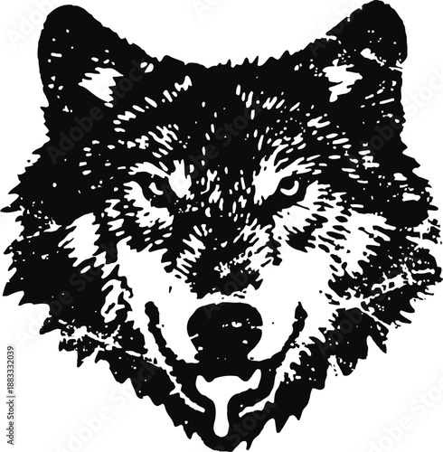 black and white wolf head illustration with fierce expression and detailed fur texture
