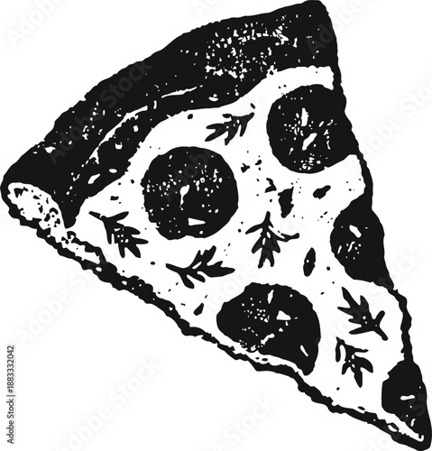 Slice of pepperoni pizza with herbs illustration in black and white