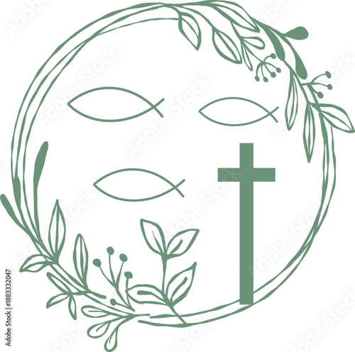 Christliches Kreuz mit Fisch . Symbole für Taufe und Erstkommunion,der Glaube an Gott, Christen, Einladung zur Konfirmation, Firmunf, Taufe, Heirat, vektor, isoliert.