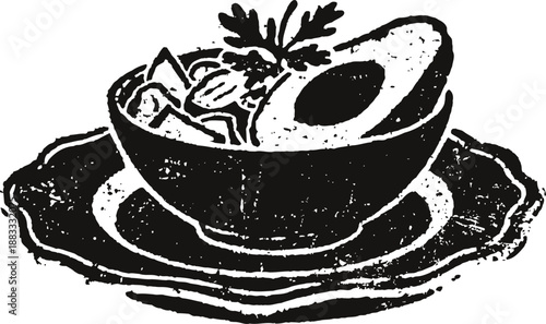 Avocado and fresh salad in bowl on plate, black and white vintage food illustration