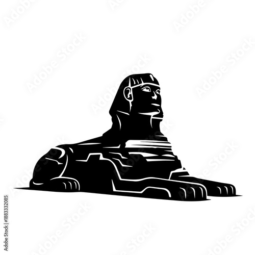 Black and white stylized silhouette of the ancient Egyptian Great Sphinx of Giza, a mythical creature with a lion's body and a human head, looking forward.