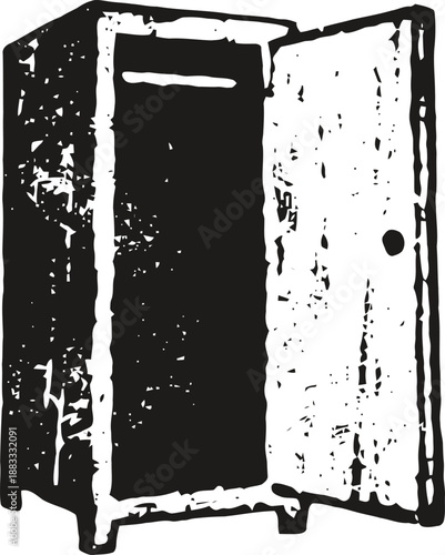 Old wooden wardrobe with open door, rustic vintage furniture silhouette