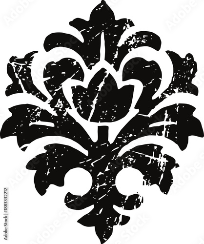Distressed vintage fleur de lis symbol in black and white with grunge texture and ornamental design