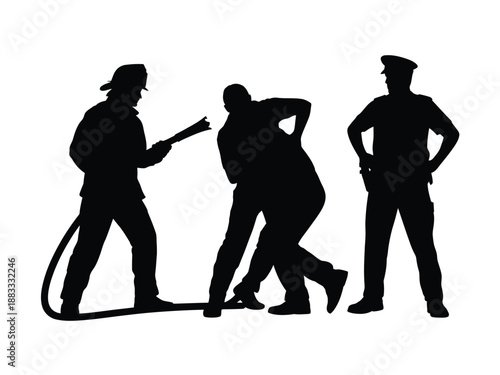 Firefighters in action isolated on white background, Vector, illustration