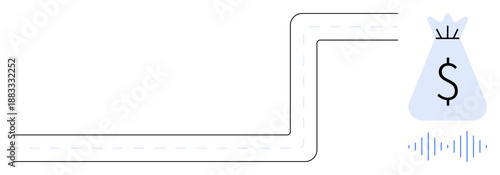 Money bag symbol with dollar sign alongside sound waves and a road, combining concepts of financial success, digital payments, sound economy, savings, and profit strategies. Ideal for business