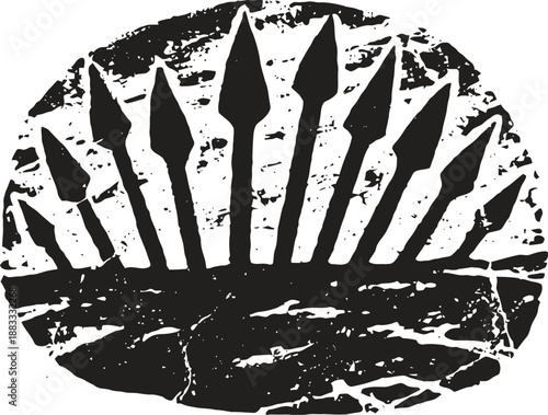 Ancient stone carving of multiple upright spearheads in a semicircular arrangement