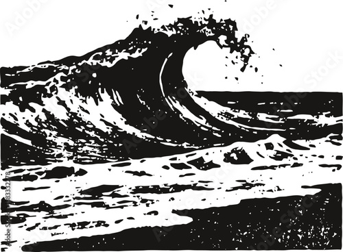 Black and white illustration of a large ocean wave crashing with foam and water splashes