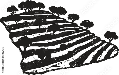 Terraced hillside with trees silhouette layered agricultural landscape illustration