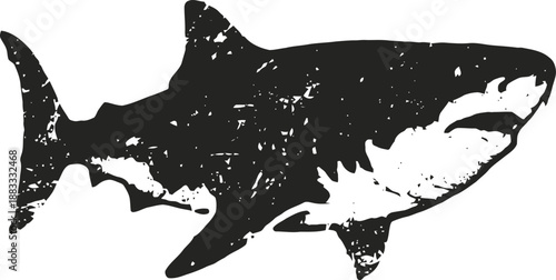black and white distressed shark silhouette with rough texture and worn effect