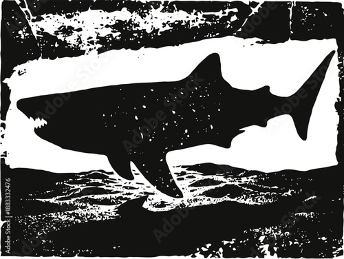 Silhouette of a great white shark swimming underwater with textured ocean background