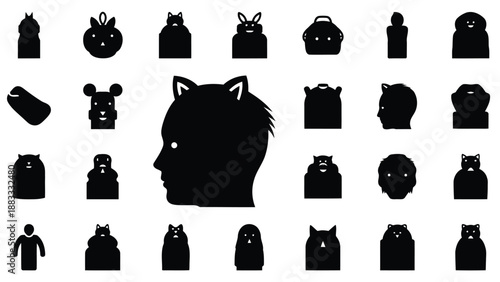 Black silhouette of a person with cat ears surrounded by various animal and human silhouettes isolated on white background