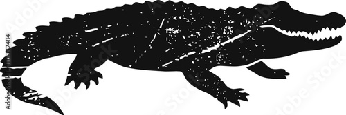 Silhouette of a crocodile with textured rustic design, reptile shape in black and white