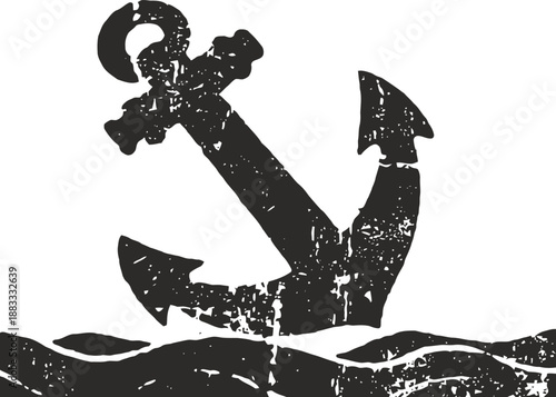 Vintage anchor symbol sinking into ocean waves with a distressed grunge texture