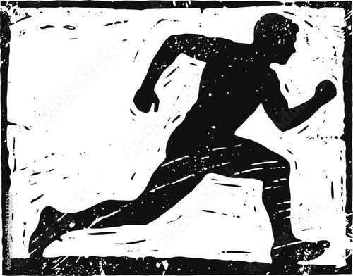 Silhouette of a man running in motion, vintage black and white athletic sprint illustration