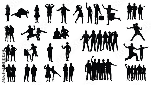 Collection of various black human silhouettes in different poses and actions isolated on white background