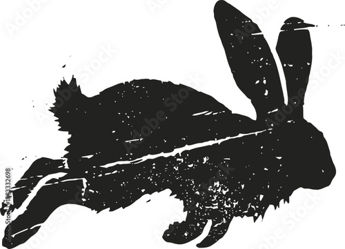 silhouette of rabbit in mid leap black ink style, dynamic jumping hare, nature animal motion