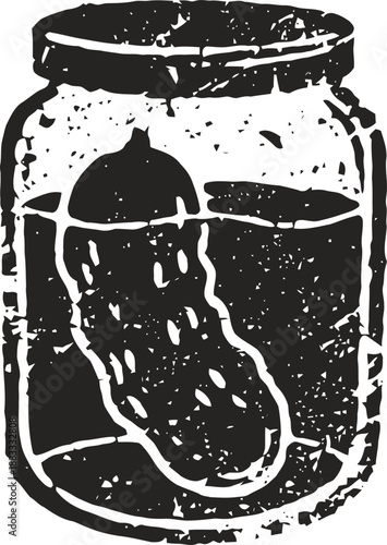 Vintage illustration of a pickle jar with a single cucumber preserved inside