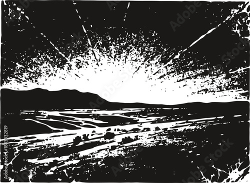 Sunset landscape silhouette with mountains and rays of light spreading over the horizon