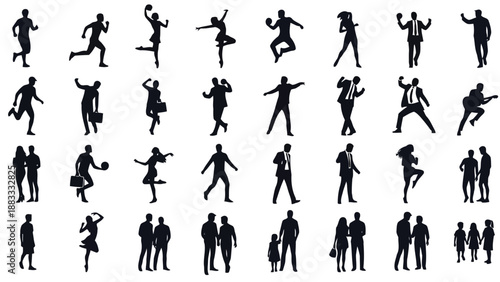 Collection of business people silhouettes in various poses and actions isolated on white background