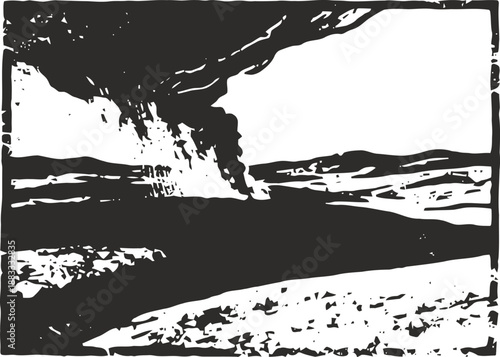 Black and white woodcut illustration of a volcanic eruption on the coastline with smoke and rugged terrain