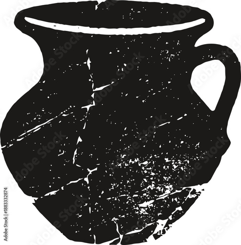 Ancient cracked pottery jar with handle silhouette, vintage rustic ceramic vessel design
