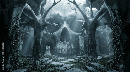 Surreal architectural interior of a ruined cathedral shaped like a skull with cracking columns and overgrowth representing the Dementia mind.
