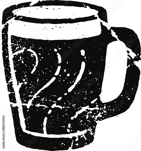 Woodcut illustration of a beer mug with frothy head and handle
