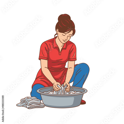 Woman washing clothes in a basin, focused and concentrated on the task at hand.