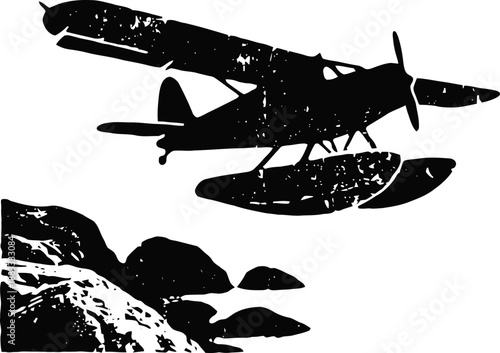 Vintage seaplane flying over rocky coastline with textured distressed effect