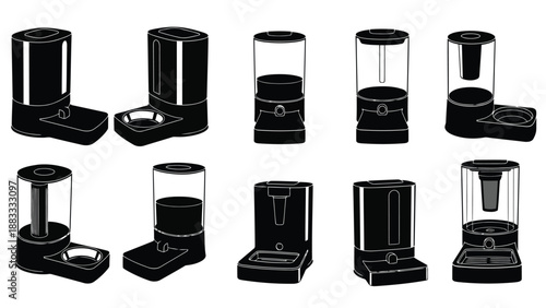Silhouette of various coffee machines in different states isolated on white background