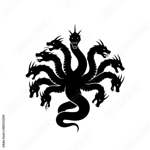 A striking black silhouette of a multi-headed dragon, also known as a hydra, with numerous serpentine necks and fierce dragon heads.
