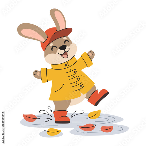 A cheerful bunny in a raincoat stomps through a leafy puddle. Children's autumn character, a forest animal in clothing. Vector illustration.